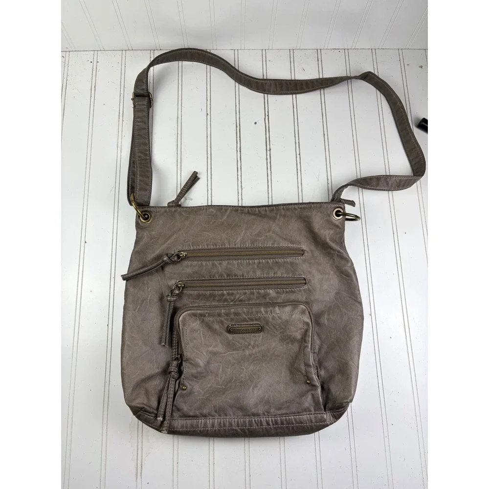 Stone & Co Vintage Y2K Taupe Distressed Slouchy Leather Shoulder Crossbody Bag